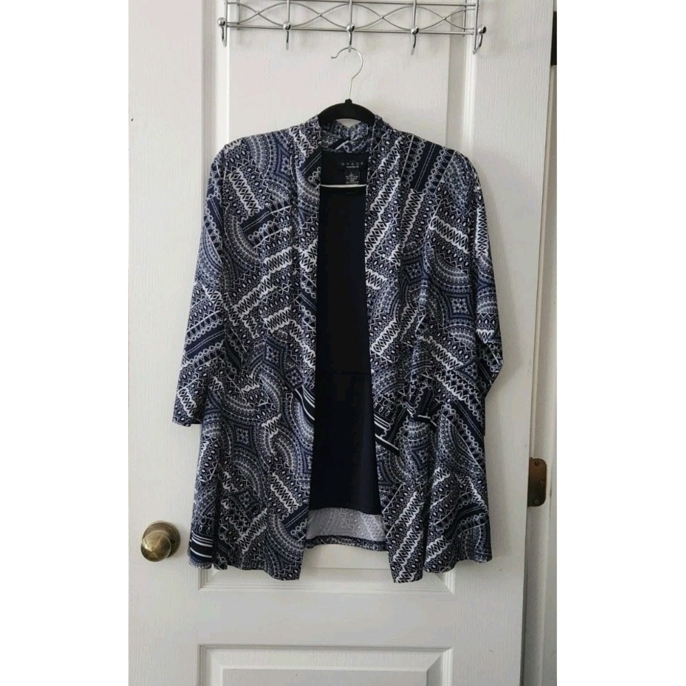 GRACE the Perfect‎ fit Womens Open Front Cardigan 3/4 Sleeve Blue White Size L